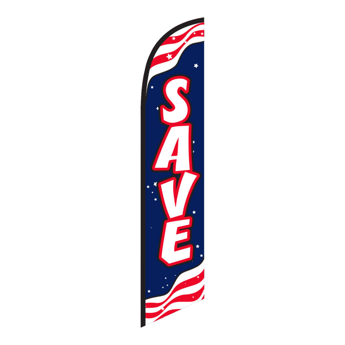 Save swooper feather flag, white lettering on stars and stripes