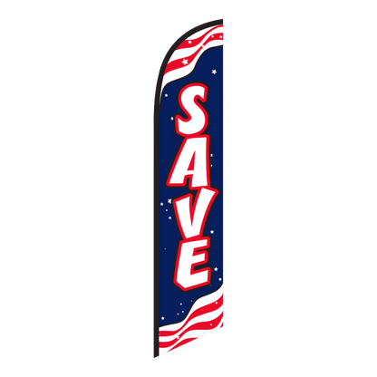 Save swooper feather flag, white lettering on stars and stripes