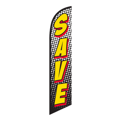Save swooper feather flag, yellow lettering on red and black
