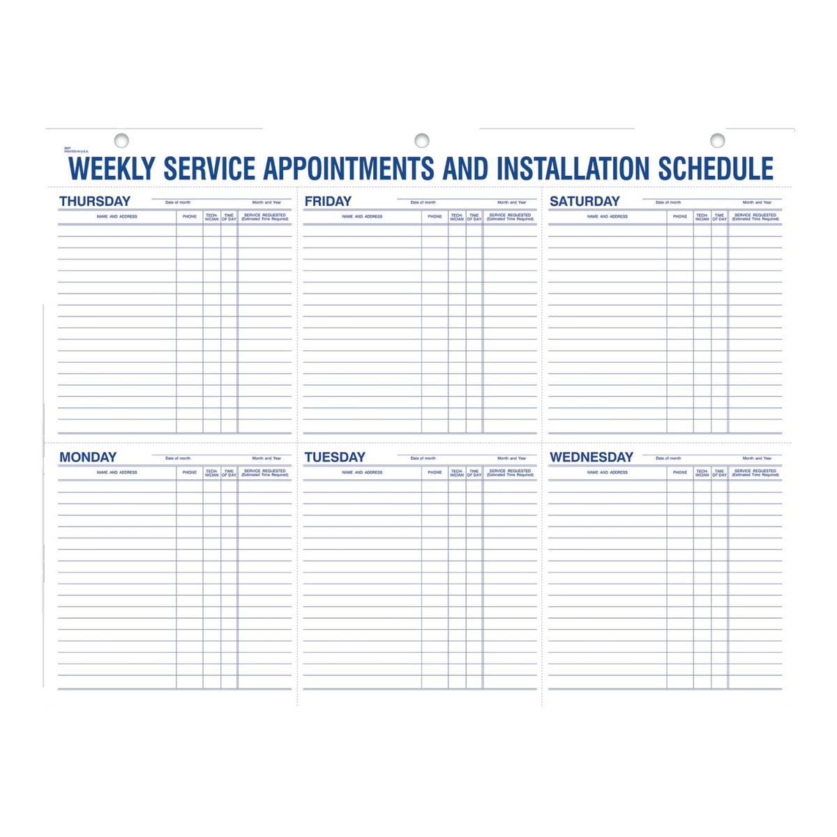 Weekly Service Appointments and Installation Schedule form