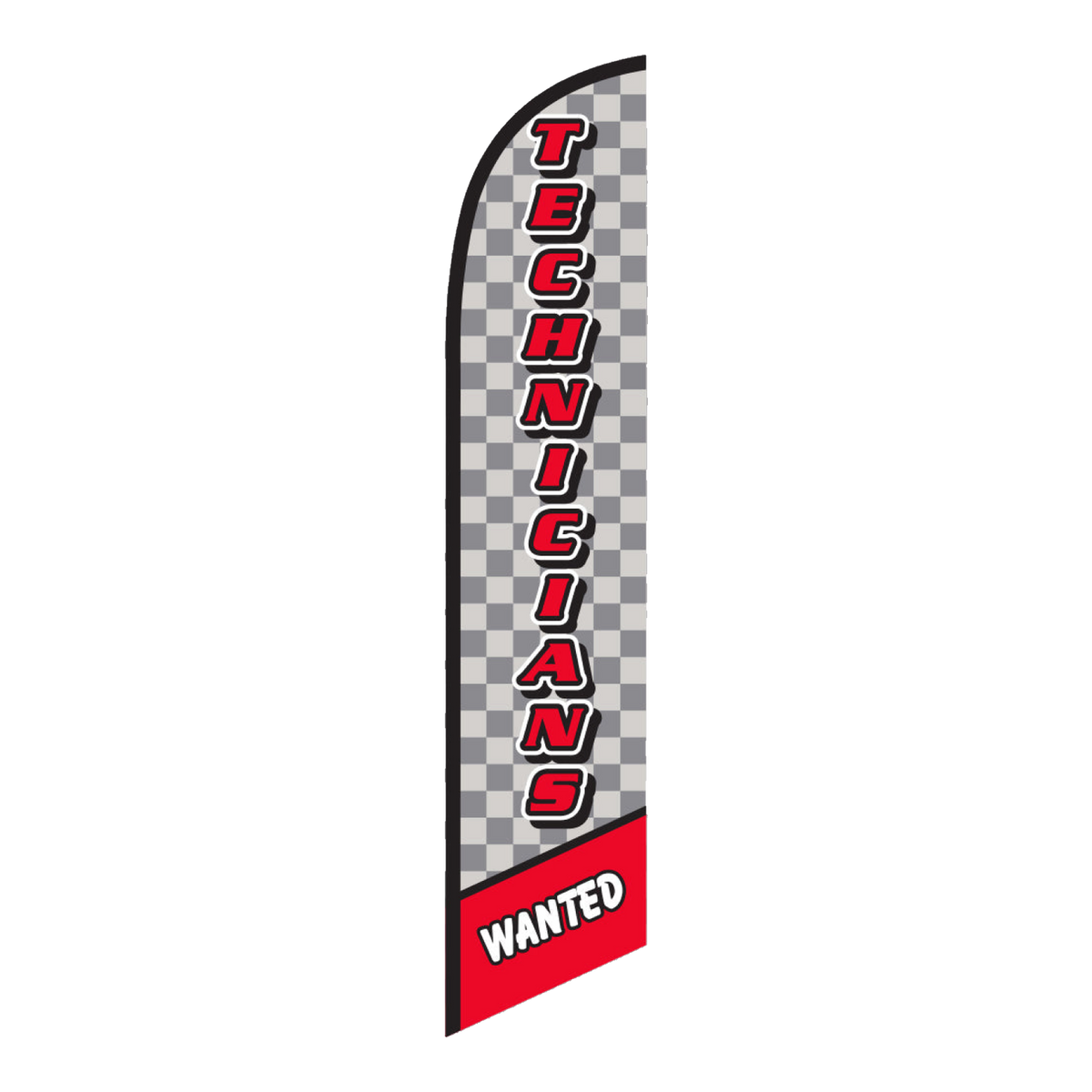 Technicians Wanted swooper feather flag with red lettering and checkered pattern
