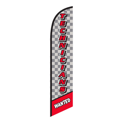 Technicians Wanted swooper feather flag with red lettering and checkered pattern