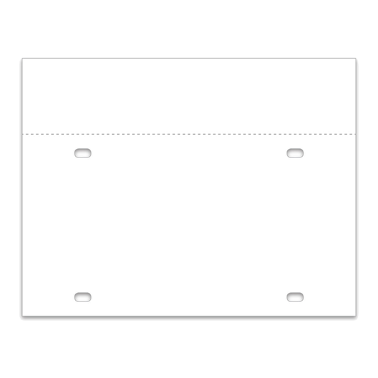Blank white 8 mil synthetic temporary tag sheet with tear-off top and four mounting slots, on white