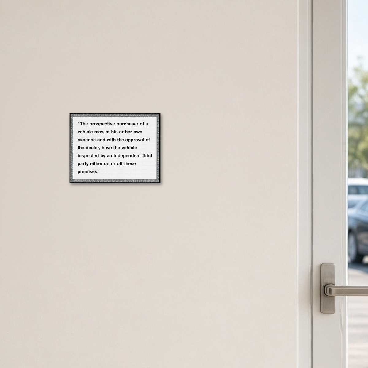 English Third Party Inspection notice sign posted on a showroom wall next to the exit door