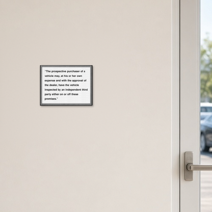 English Third Party Inspection notice sign posted on a showroom wall next to the exit door