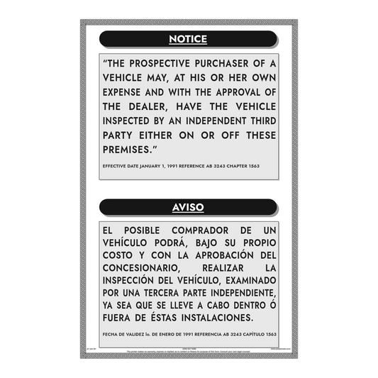 Bilingual English and Spanish Third Party Inspection notice sign, 11 x 17