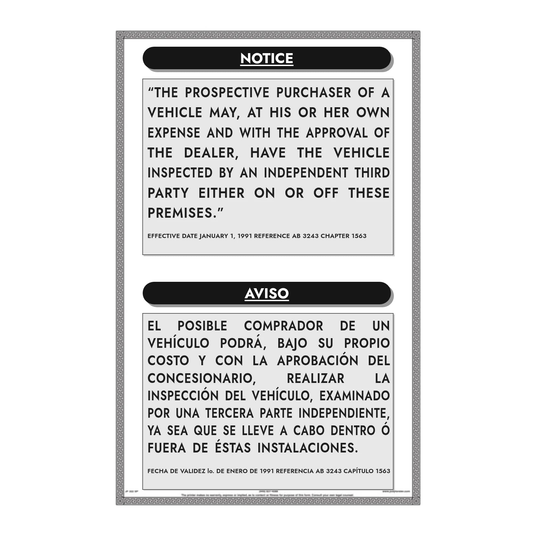 Bilingual English and Spanish Third Party Inspection notice sign, 11 x 17, on white