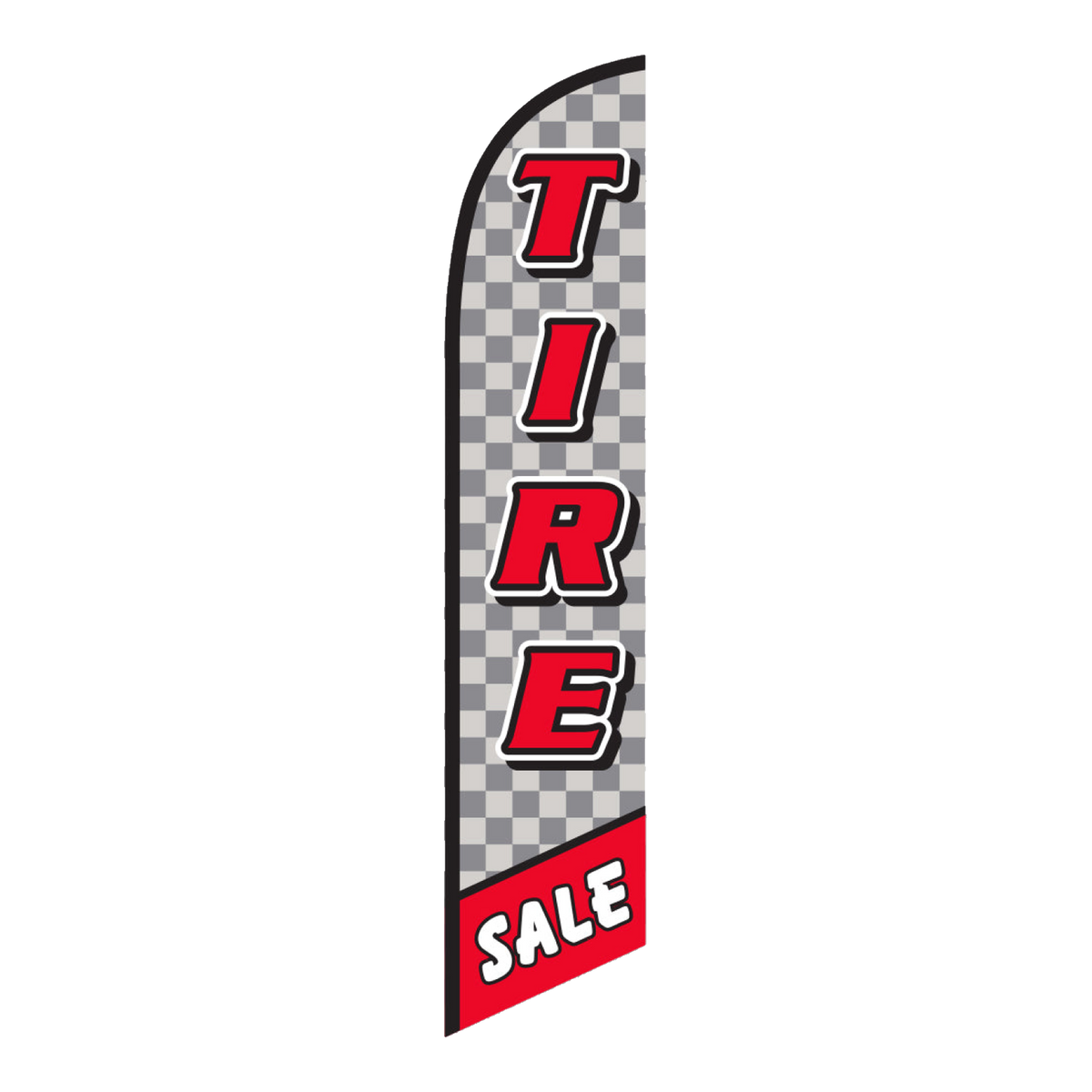 Tire Sale swooper feather flag with red lettering and checkered pattern