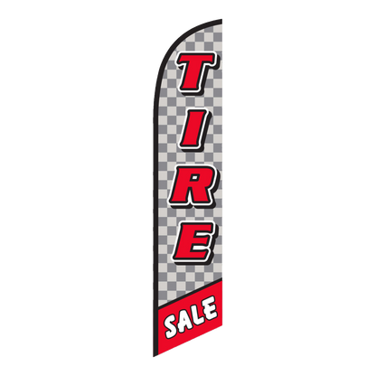 Tire Sale swooper feather flag with red lettering and checkered pattern