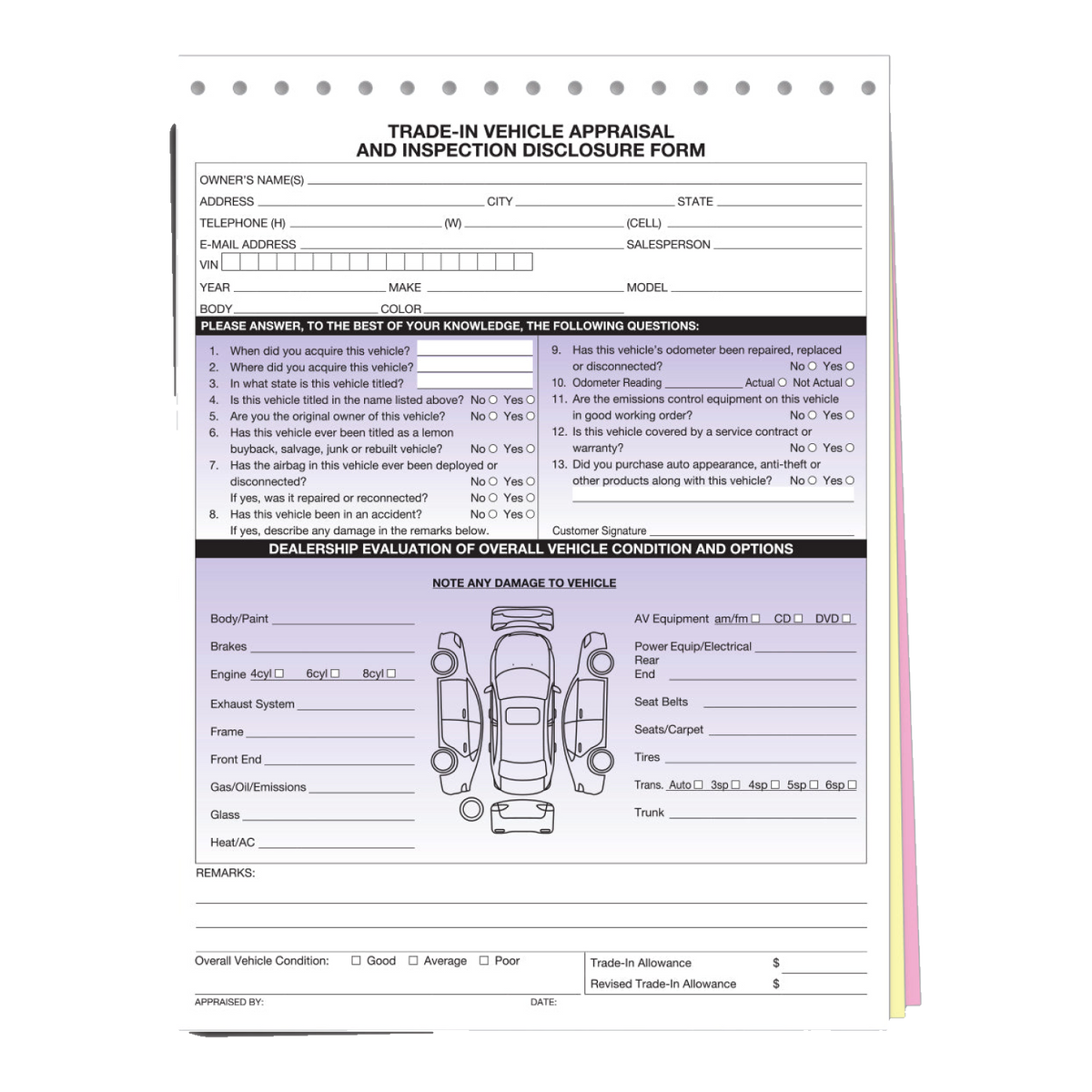 Trade-in vehicle appraisal and inspection disclosure form, 3-part