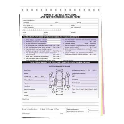 Trade-in vehicle appraisal and inspection disclosure form, 3-part