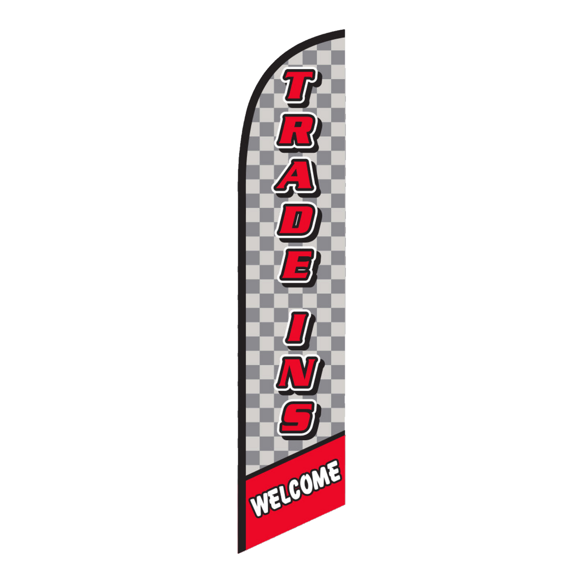 Trade Ins Welcome swooper feather flag with checkered pattern