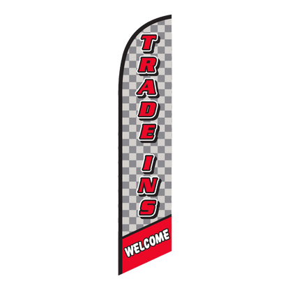 Trade Ins Welcome swooper feather flag with checkered pattern
