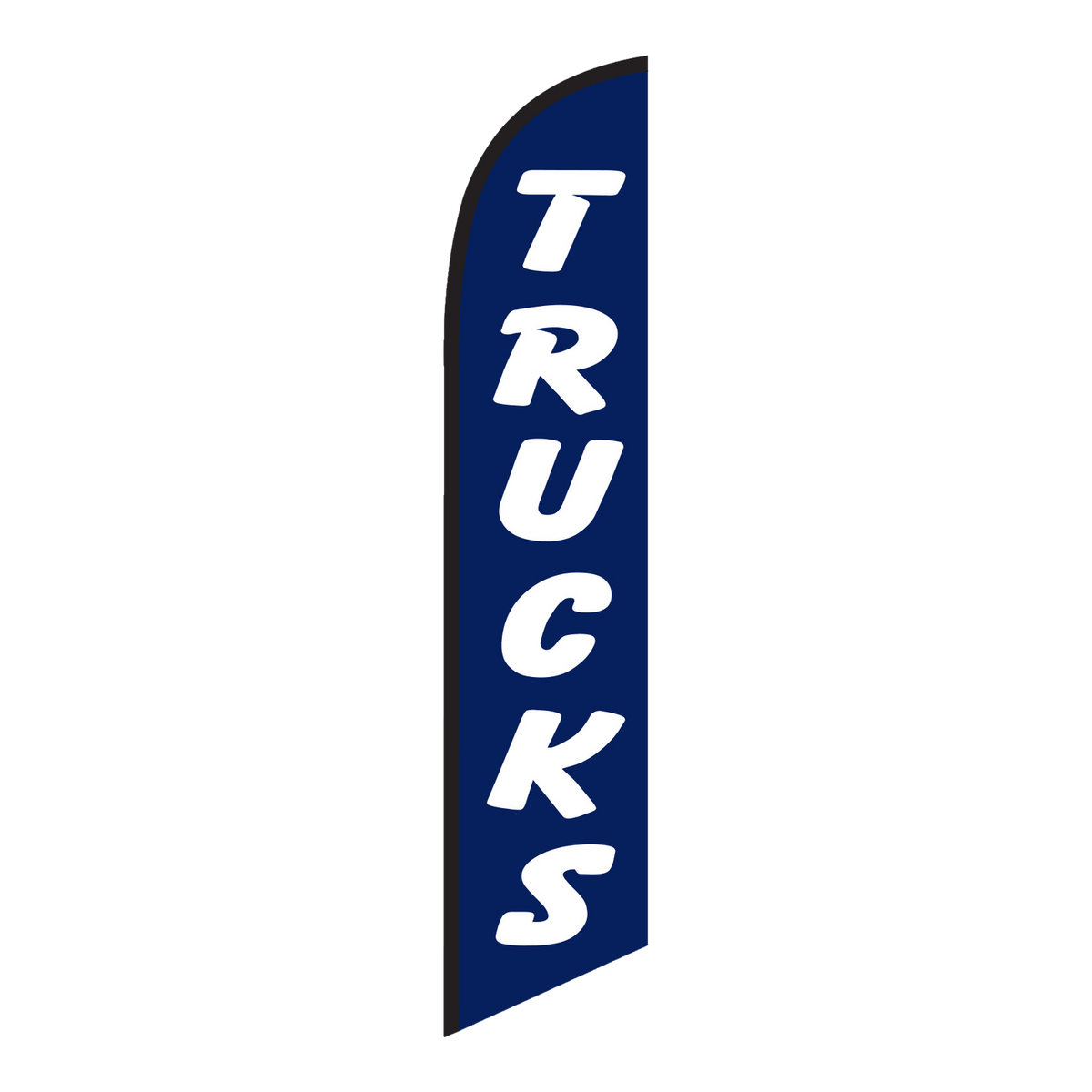 Trucks swooper feather flag, white TRUCKS lettering on navy blue, black pole sleeve