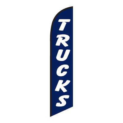 Trucks swooper feather flag, white TRUCKS lettering on navy blue, black pole sleeve