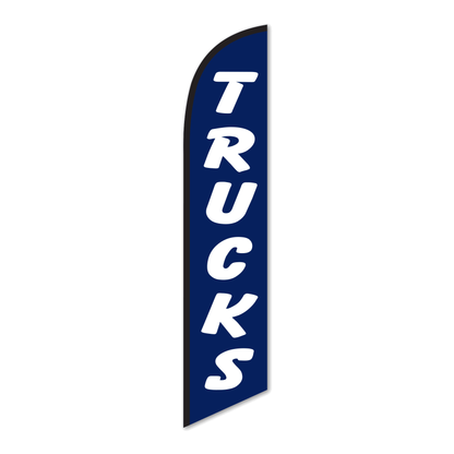 Trucks swooper feather flag, white TRUCKS lettering on navy blue, black pole sleeve, on white