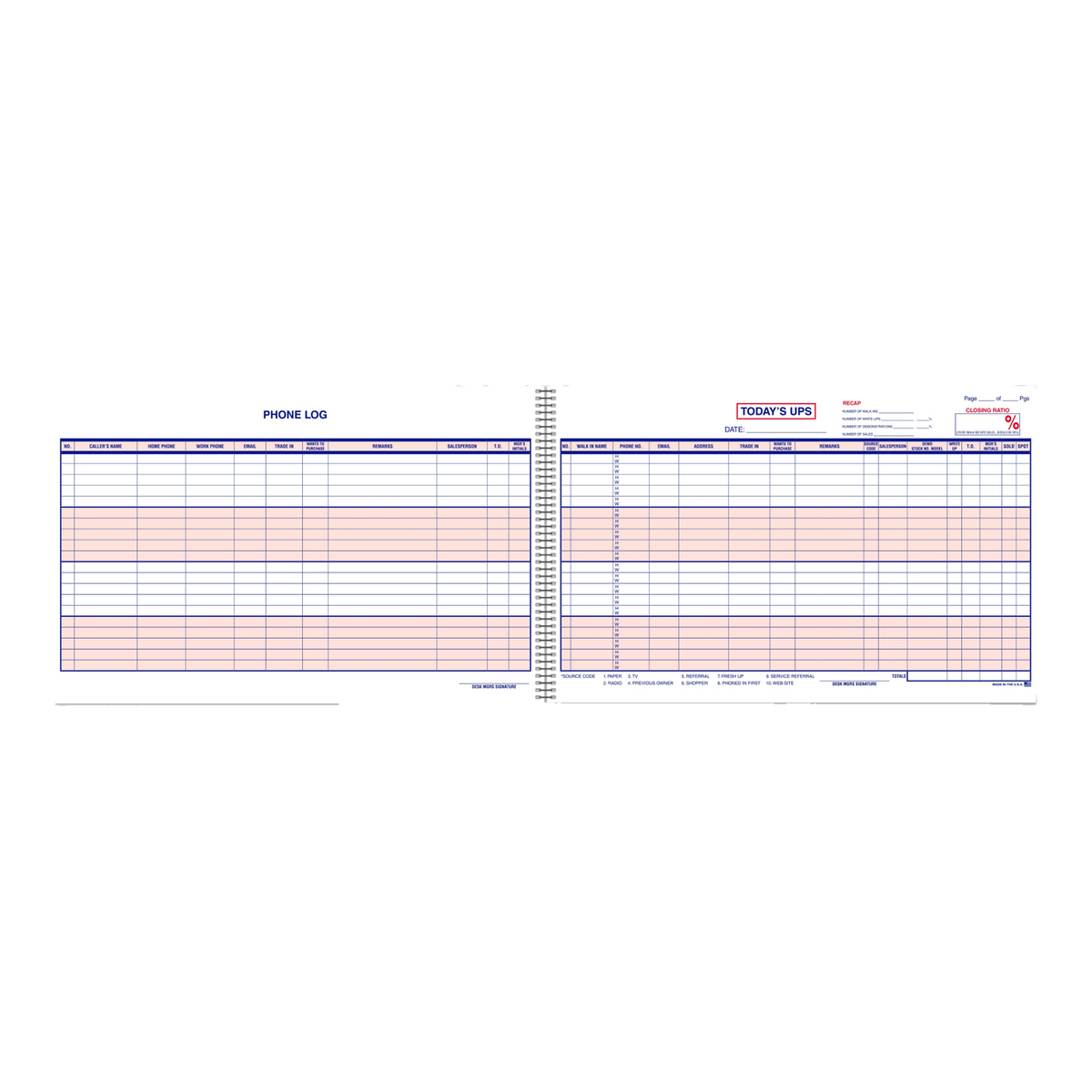 UPS log book sheet with red and blue columns