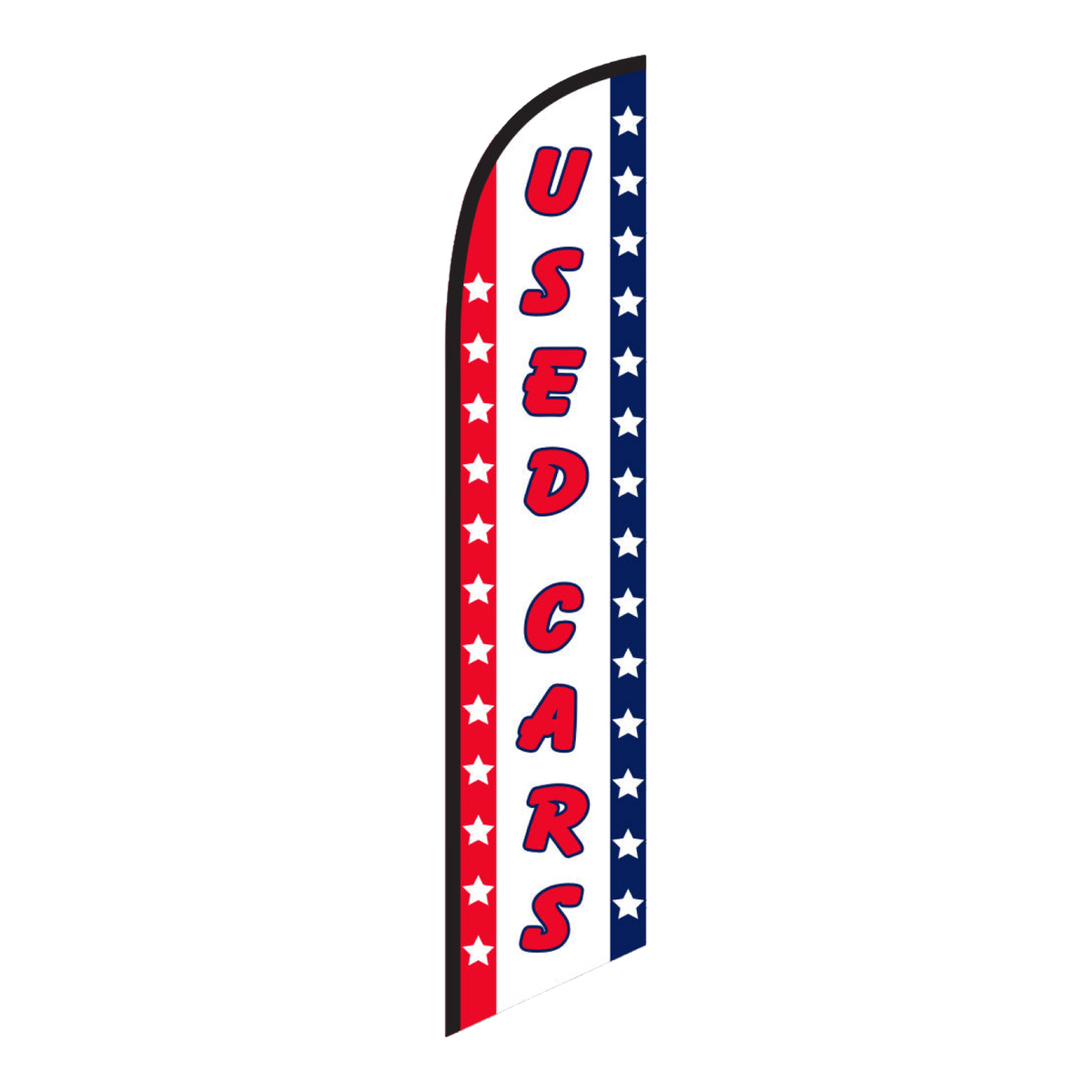 White Used Cars swooper feather flag with red lettering and patriotic stars