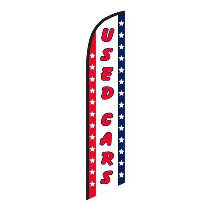 White Used Cars swooper feather flag with red lettering and patriotic stars