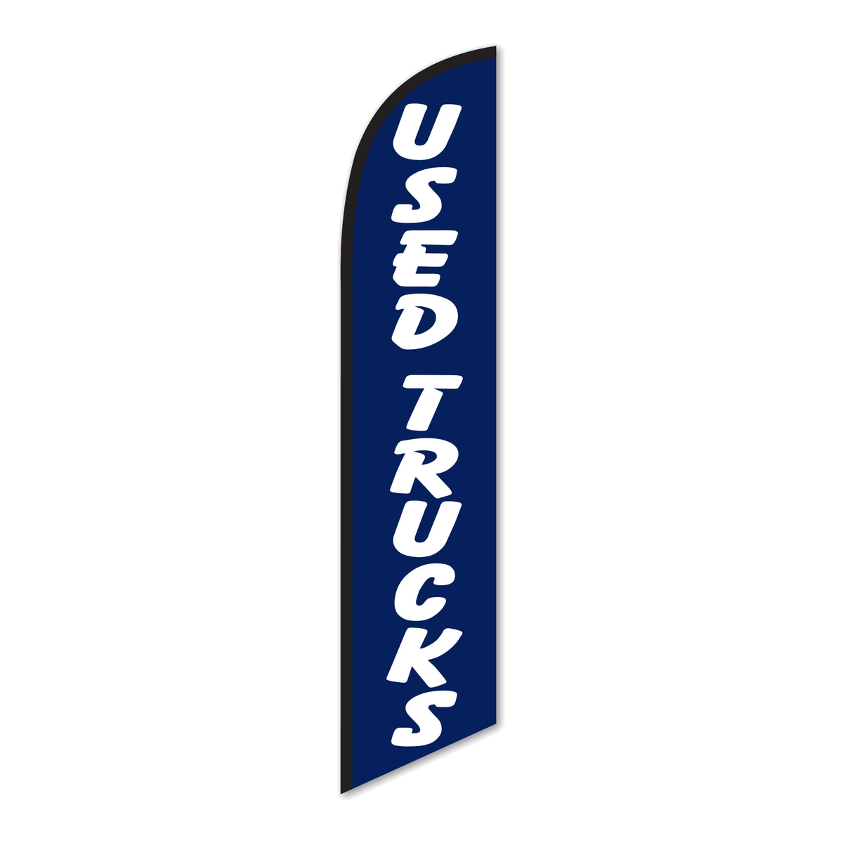 Used Trucks swooper feather flag, white USED TRUCKS lettering on navy blue, black pole sleeve, on white