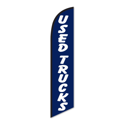 Used Trucks swooper feather flag, white USED TRUCKS lettering on navy blue, black pole sleeve, on white