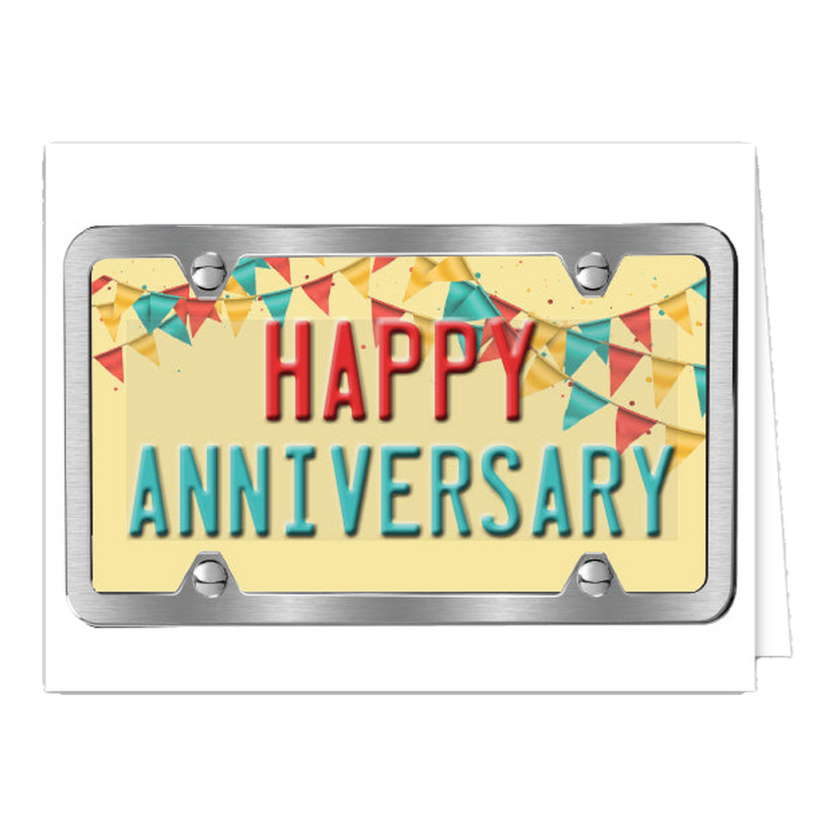 Folded Happy Anniversary card with a chrome license plate frame and bunting design