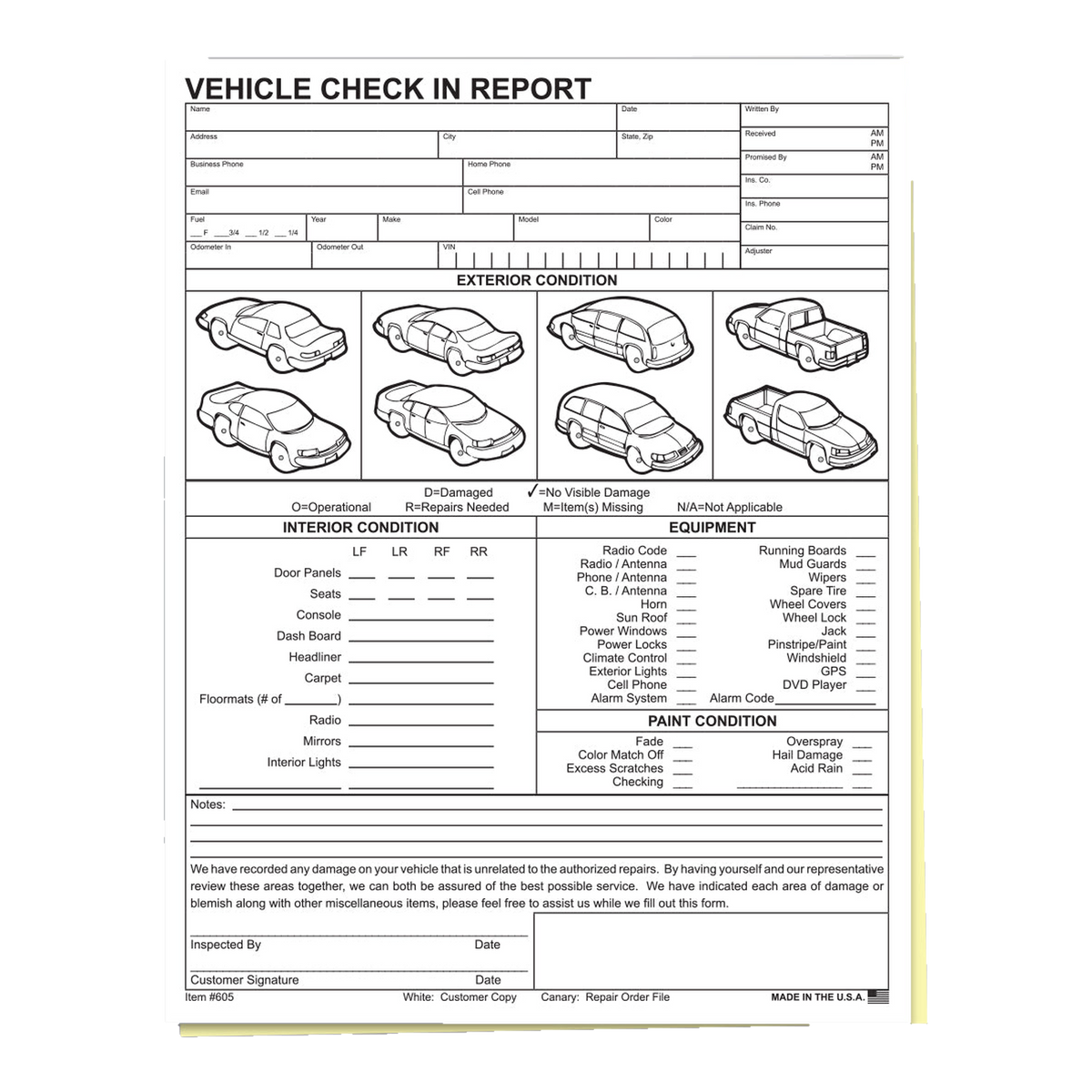 Vehicle Check In Report form with car diagrams