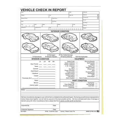 Vehicle Check In Report form with car diagrams