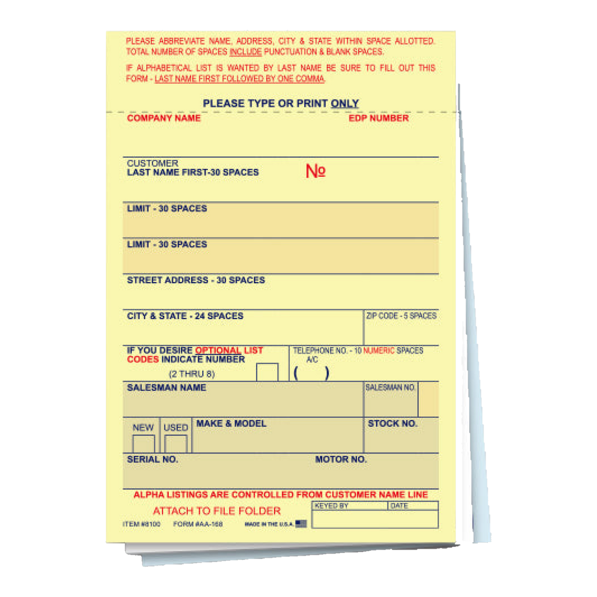 Yellow vehicle deal label form, 3-part