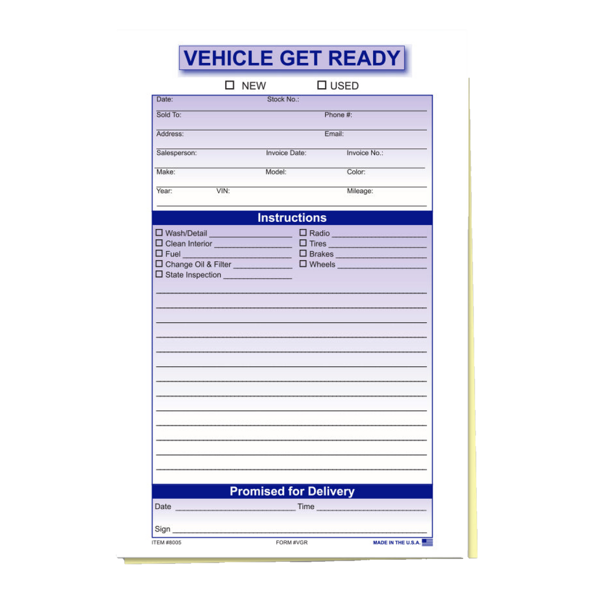 Vehicle Get Ready form, 2-part
