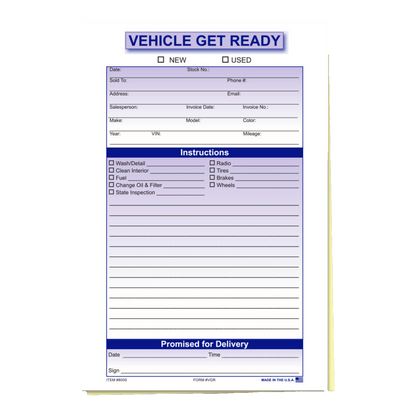 Vehicle Get Ready form, 2-part
