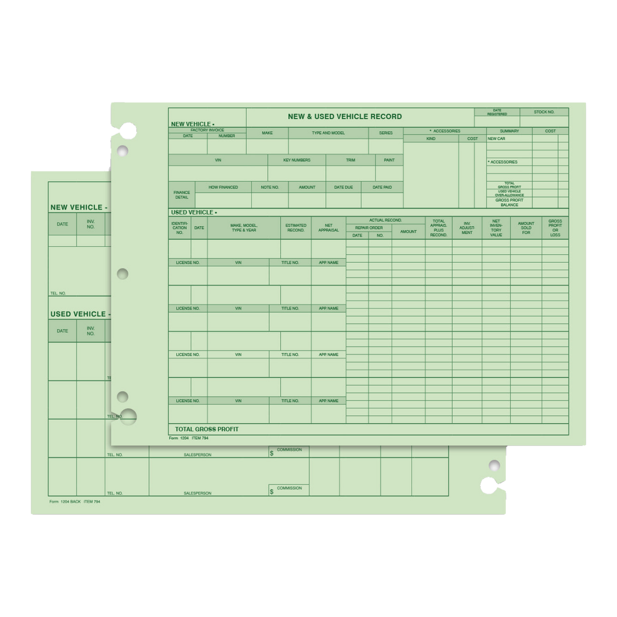 Green vehicle inventory record forms