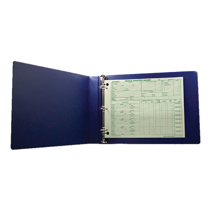 Navy 3-ring binder holding green vehicle inventory record forms