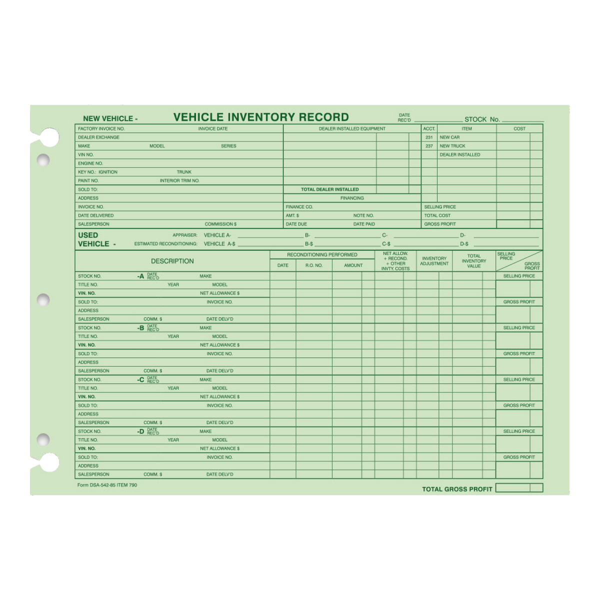 Green vehicle inventory record forms