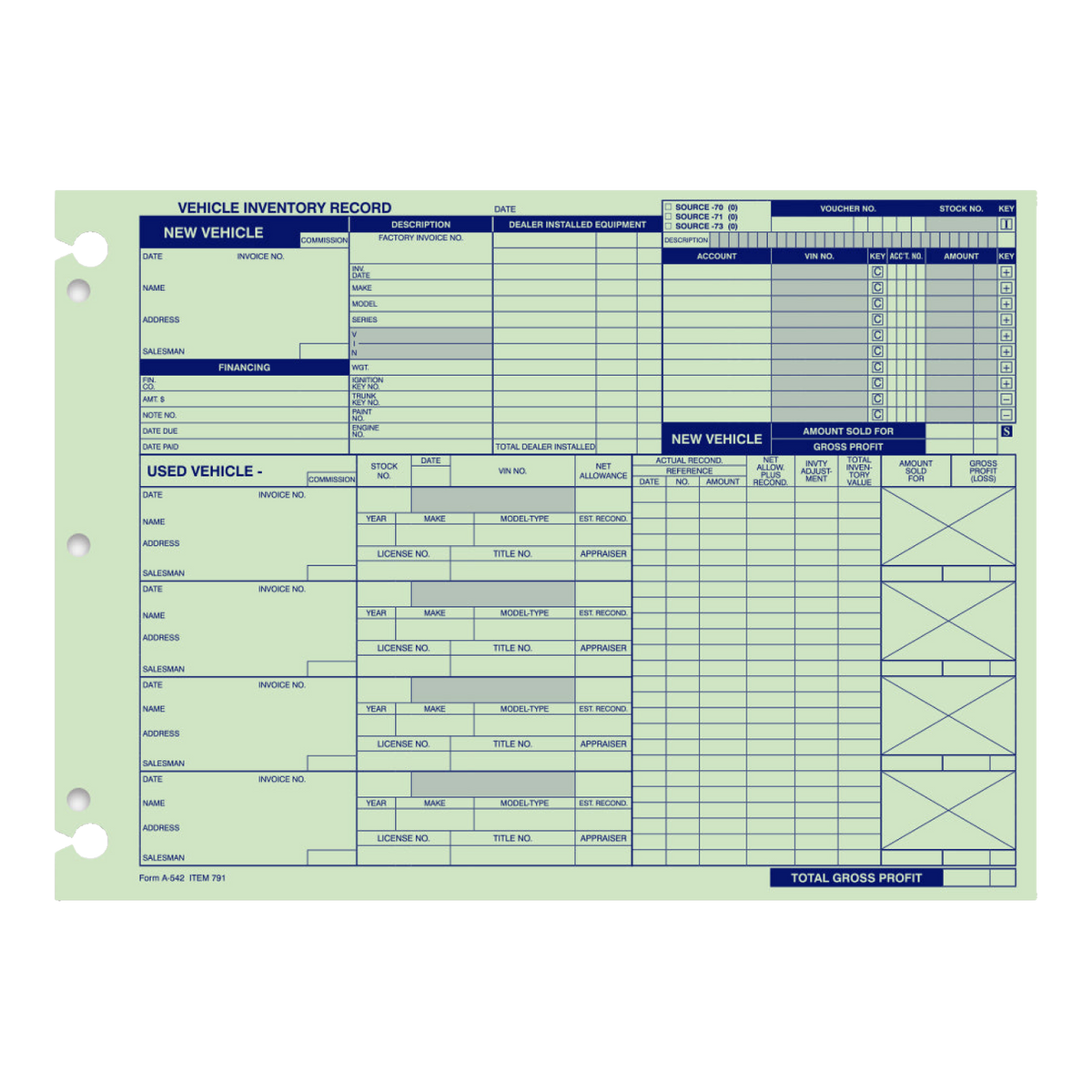 Green vehicle inventory record forms with blue headers