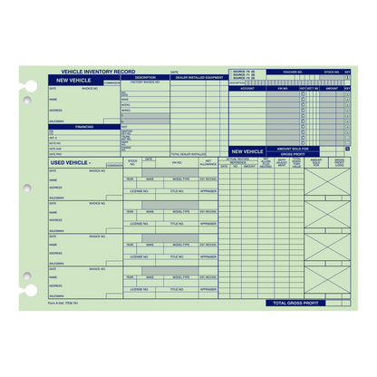 Green vehicle inventory record forms with blue headers