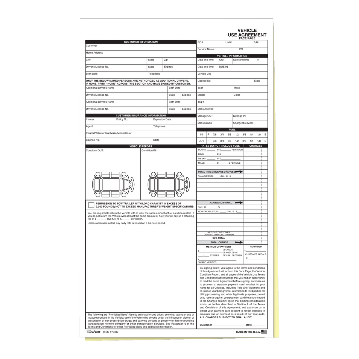 Vehicle use agreement 2-part form with car diagrams