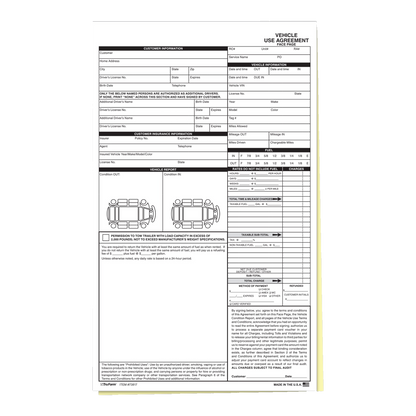 Vehicle use agreement 2-part form with car diagrams