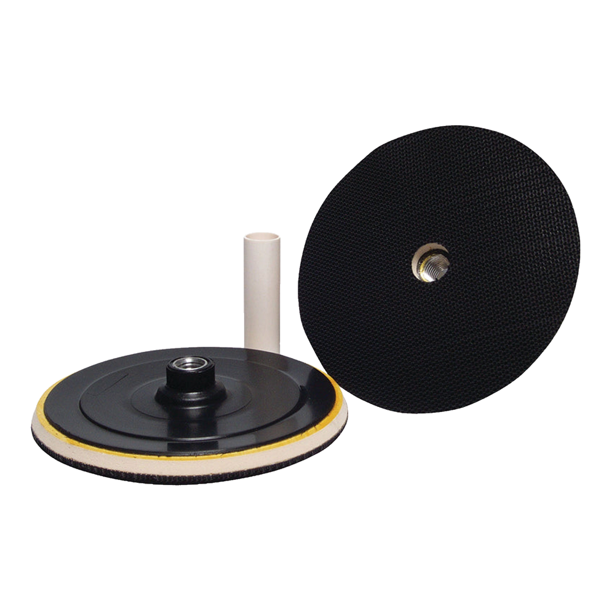 Hook-and-loop backing plate with rounded edge and threaded shaft