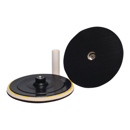 Hook-and-loop backing plate with rounded edge and threaded shaft