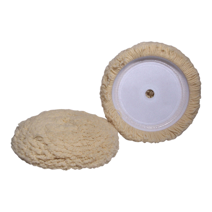 Two white wool buffing pads