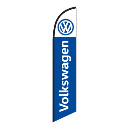 Volkswagen swooper feather flag with a white top, VW logo and white Volkswagen lettering on blue