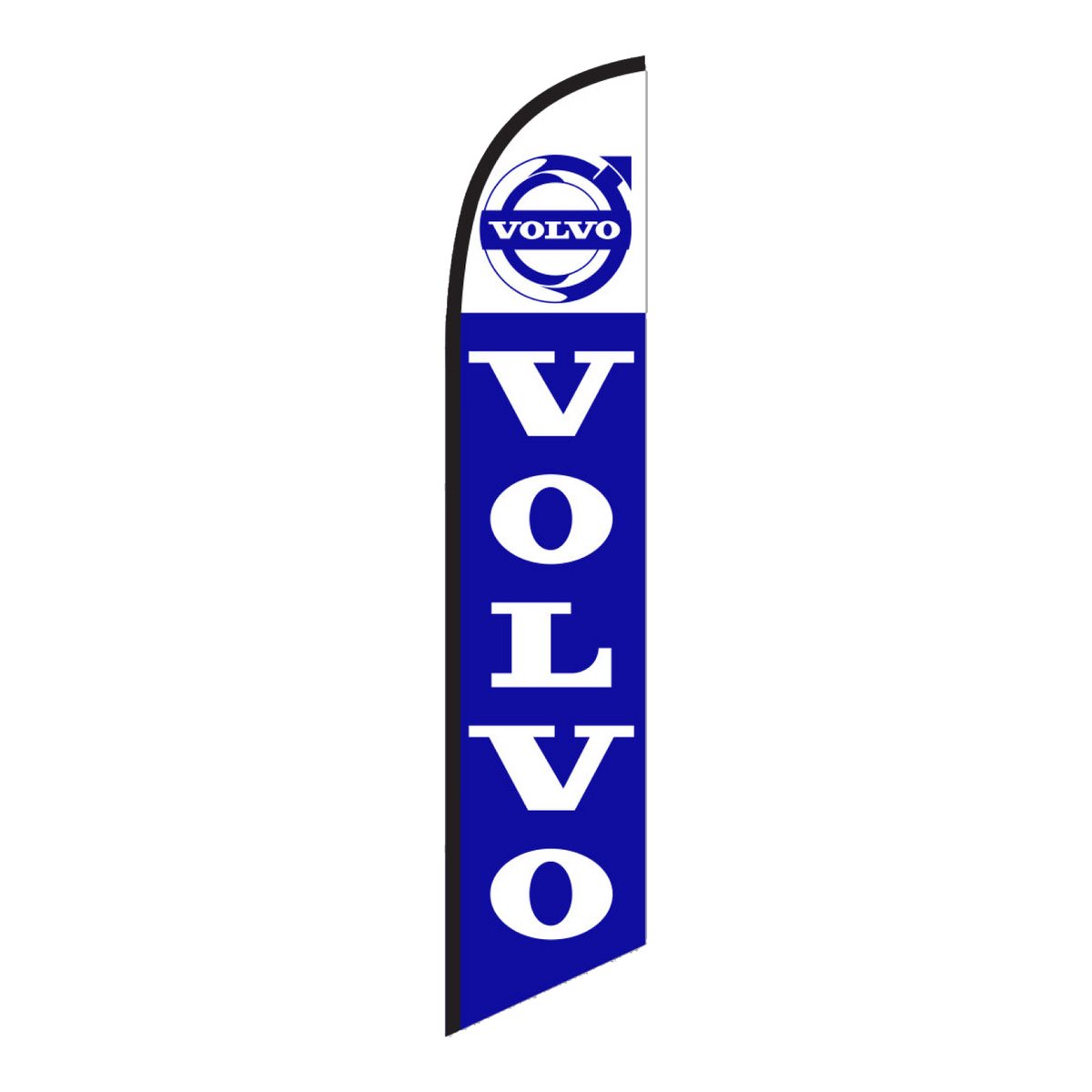 Volvo swooper feather flag with a white top, Volvo logo and white VOLVO lettering on blue