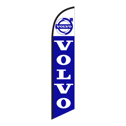 Volvo swooper feather flag with a white top, Volvo logo and white VOLVO lettering on blue