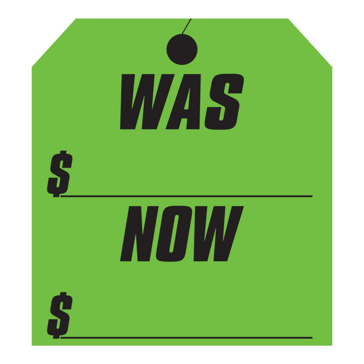 Fluorescent green Was/Now hang tag sticker with price lines