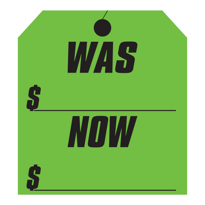 Fluorescent green Was/Now hang tag sticker with price lines