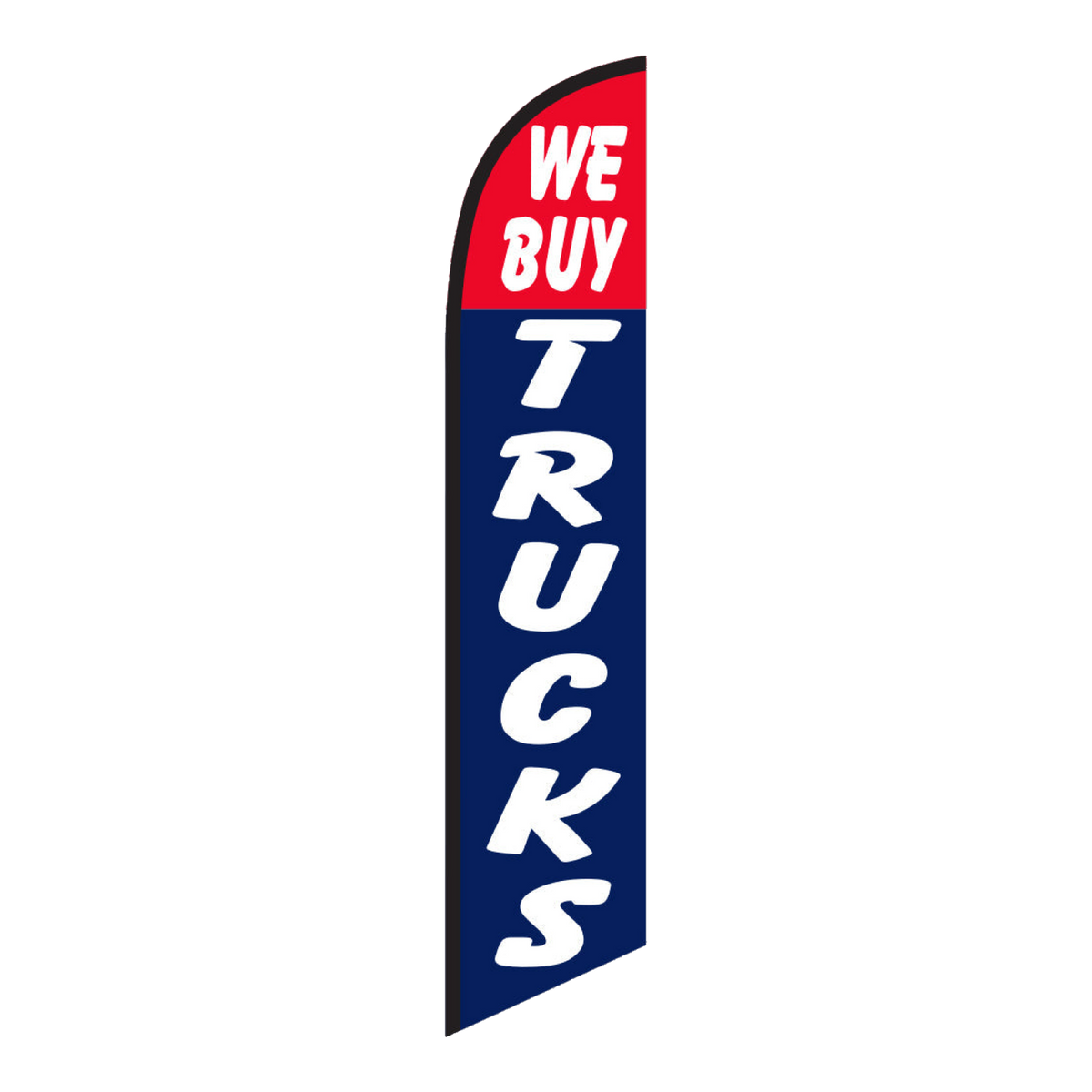 We Buy Trucks swooper feather flag, white lettering on red and navy