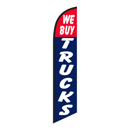 We Buy Trucks swooper feather flag, white lettering on red and navy