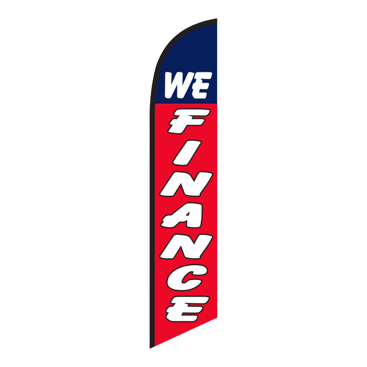 We Finance swooper feather flag, white lettering on navy and red
