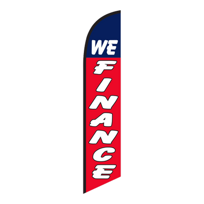 We Finance swooper feather flag, white lettering on navy and red